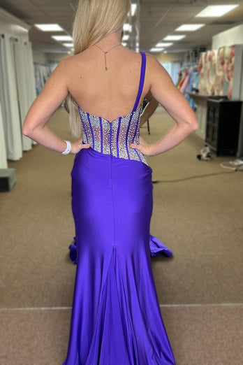 Mermaid One Shoulder Royal Blue Beaded Prom Dress with Slit