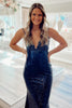 Load image into Gallery viewer, Sparkly Mermaid Lace-Up Back Sequins Navy Prom Dress