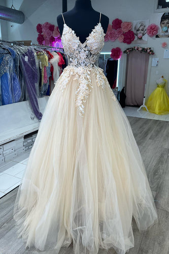 A-Line Spaghetti Straps Apricot Prom Dress with Appliques