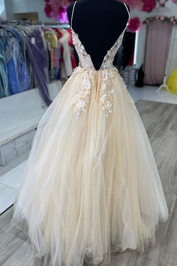 A-Line Spaghetti Straps Apricot Prom Dress with Appliques