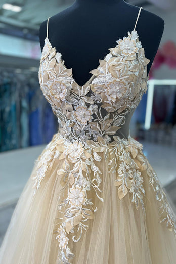 A-Line Spaghetti Straps Apricot Prom Dress with Appliques