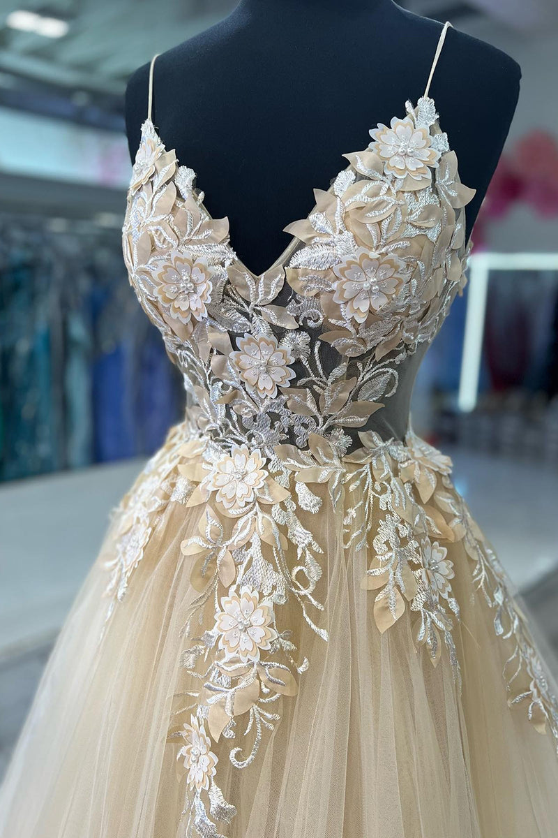 Load image into Gallery viewer, A-Line Spaghetti Straps Apricot Prom Dress with Appliques