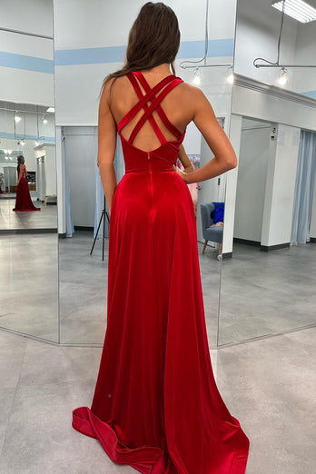 Red Sheath V Neck Long Prom Dress With Slit