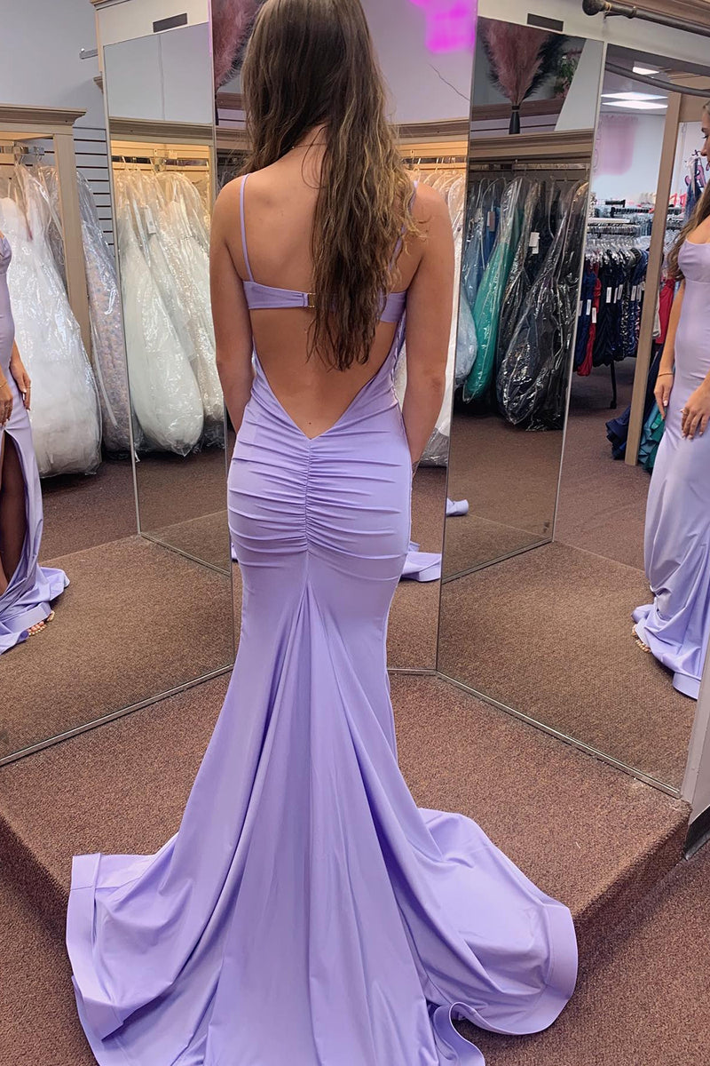 Load image into Gallery viewer, Lilac Mermaid Backless Long Prom Dress With Slit