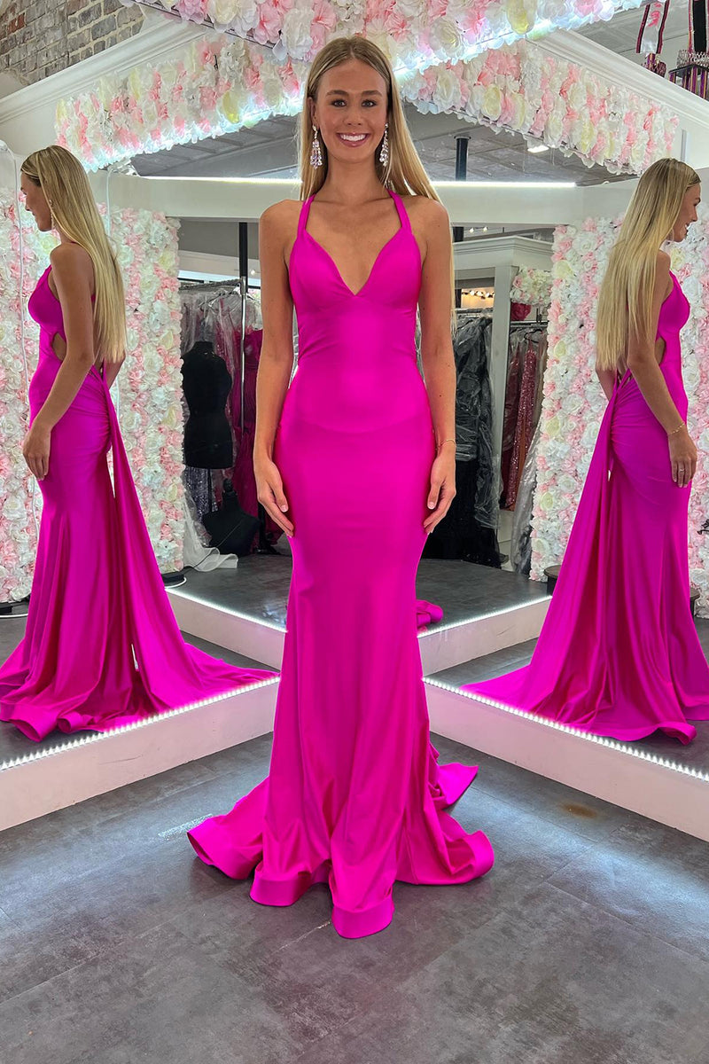 Load image into Gallery viewer, Mermaid Satin Halter Fuchsia Long Prom Dress