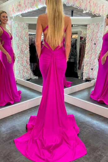 Mermaid Satin Halter Fuchsia Long Prom Dress