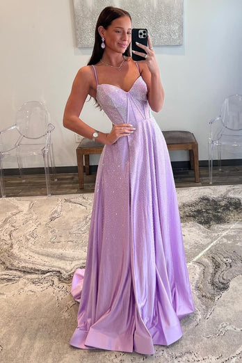 Satin Beaded Lilac Corset Prom Dress with Slit