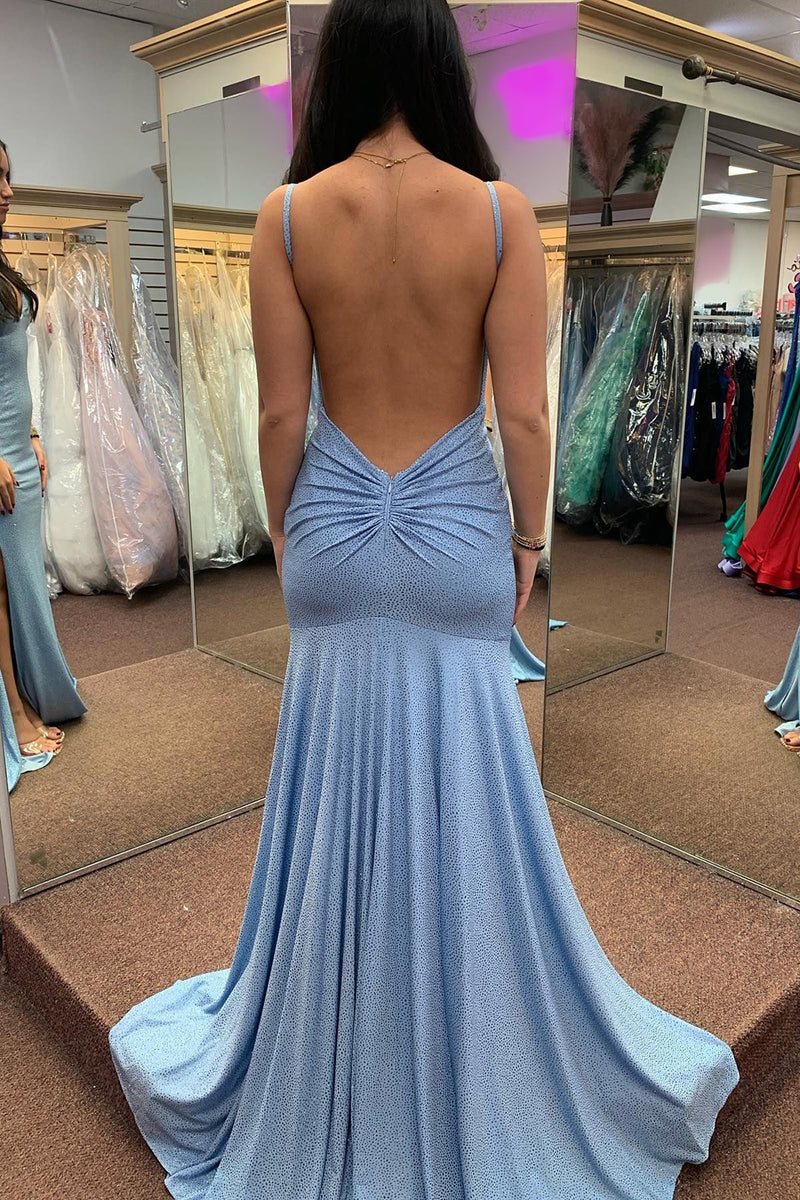 Load image into Gallery viewer, Sparkly Grey Blue Mermaid Spaghetti Straps Long Prom Dress with Slit