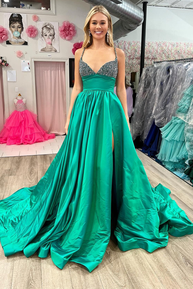 Load image into Gallery viewer, Sparkly Spaghetti Straps Green Long Prom Dress with Slit