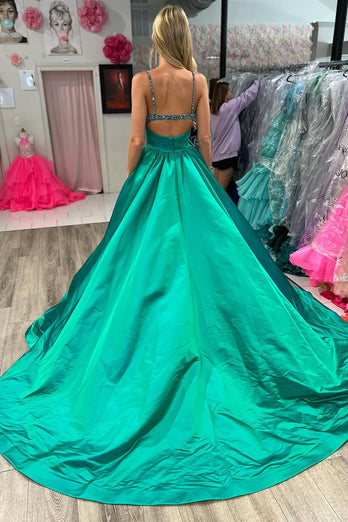 Sparkly Spaghetti Straps Green Long Prom Dress with Slit