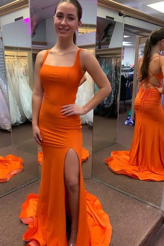 Mermaid Square Neck Orange Prom Dress with Slit