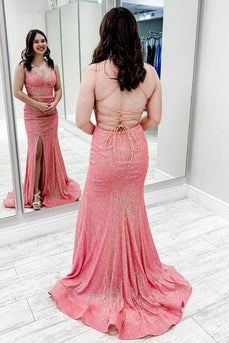 Sparkly Mermaid Coral Long Prom Dress with Slit