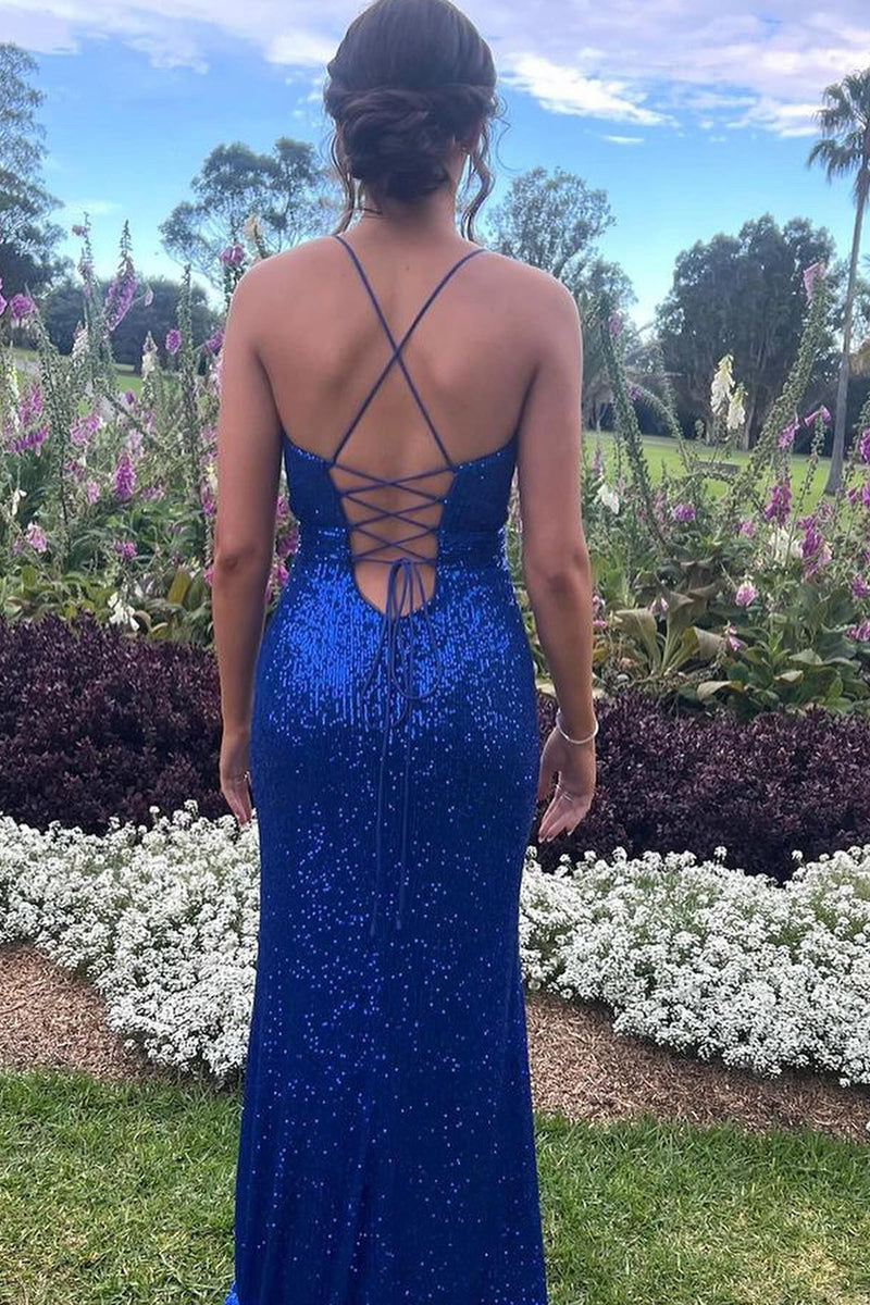 Load image into Gallery viewer, Royal Blue Mermaid Sequins Long Prom Dress with Slit