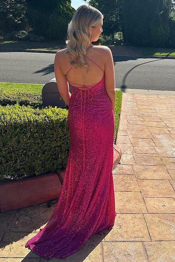 Sequins Mermaid Halter Fuchsia Long Prom Dress with Ruffles