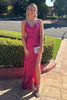 Load image into Gallery viewer, Sequins Mermaid Halter Fuchsia Long Prom Dress with Ruffles