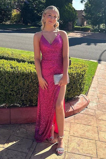 Sequins Mermaid Halter Fuchsia Long Prom Dress with Ruffles