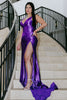 Load image into Gallery viewer, Satin Dark Purple Corset Prom Dress with Ruffles