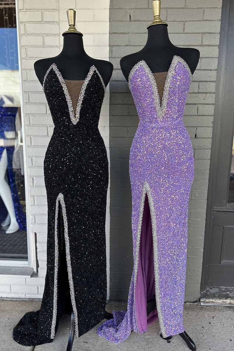 Load image into Gallery viewer, Sparkly Purple Strapless Long Prom Dress with Beading