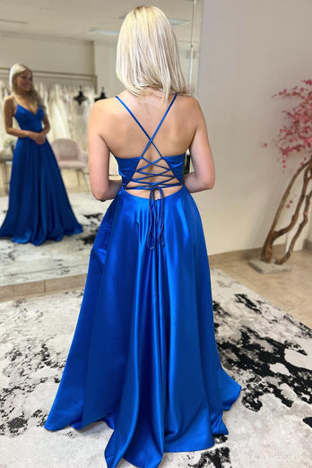 Satin A-Line Lace-Up Back Royal Blue Long Prom Dress