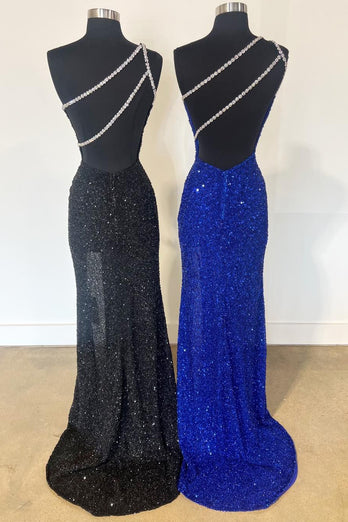 Sparkly Mermaid One Shoulder Black Long Prom Dress with Slit