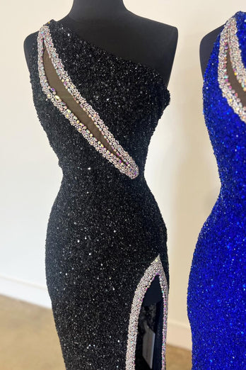 Sparkly Mermaid One Shoulder Black Long Prom Dress with Slit