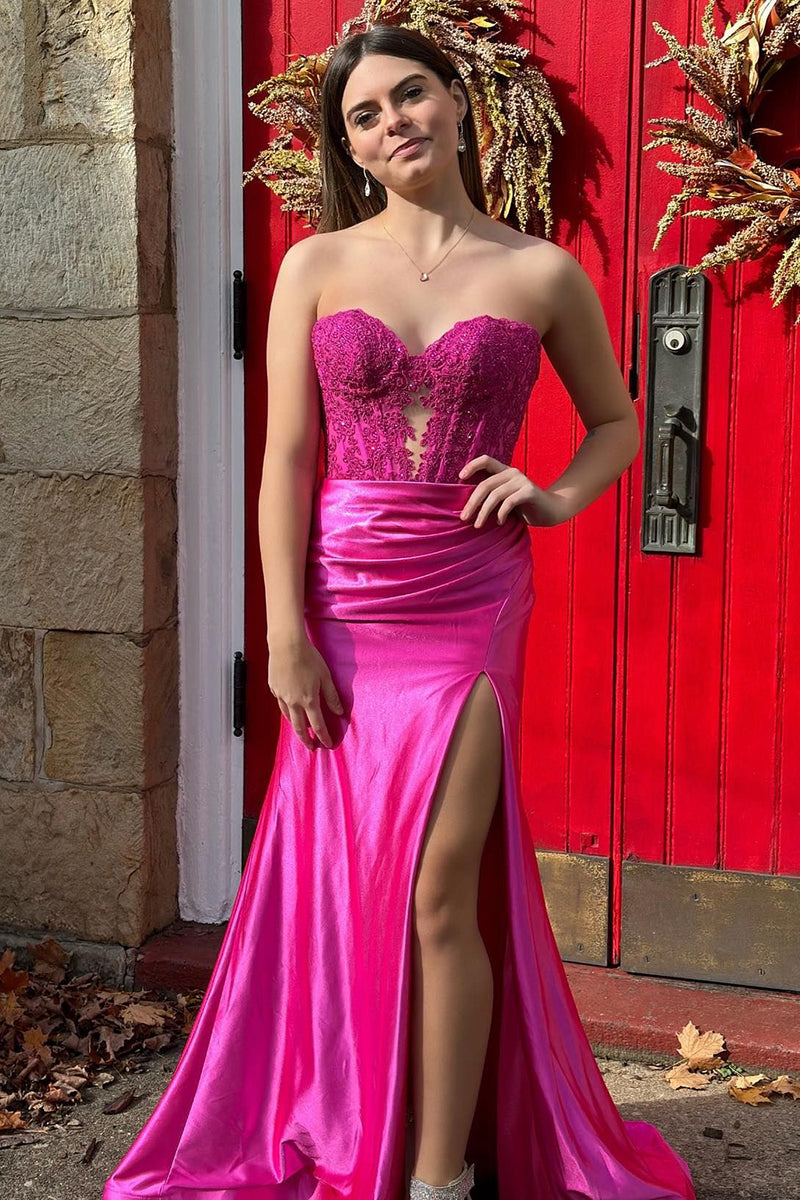 Load image into Gallery viewer, Mermaid Sweetheart Fuchsia Corset Prom Dress with Slit