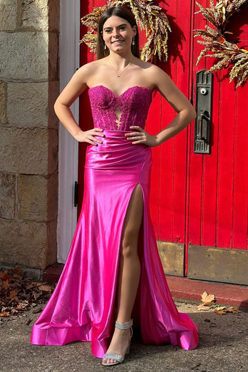 Mermaid Sweetheart Fuchsia Corset Prom Dress with Slit