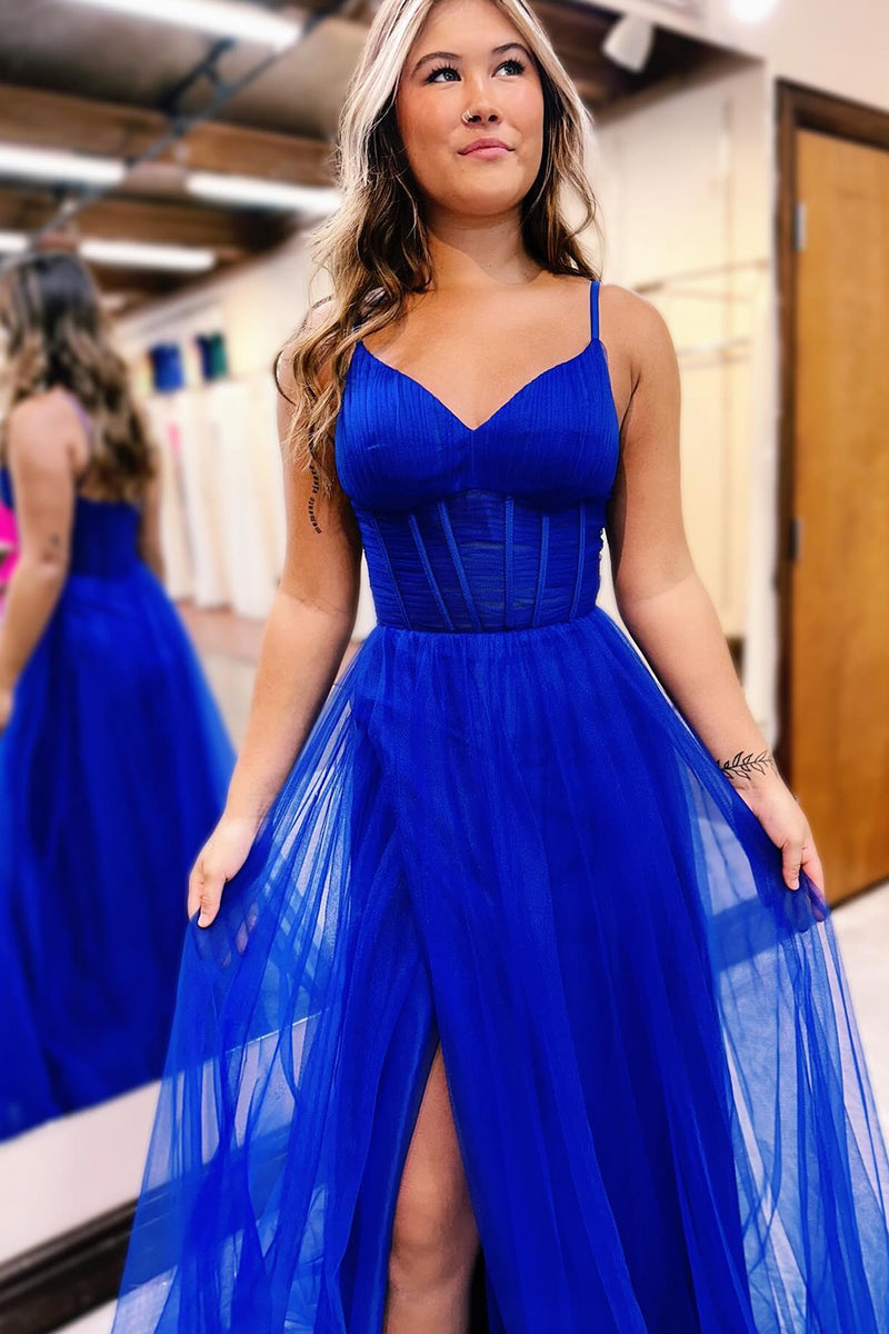 Load image into Gallery viewer, A-Line Royal Blue Spaghetti Straps Corset Prom Dress with Slit