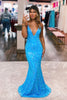 Load image into Gallery viewer, Sparkly Blue Spaghetti Straps Long Prom Dress