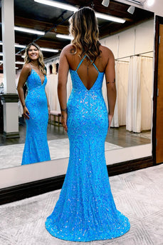 Sparkly Blue Spaghetti Straps Long Prom Dress