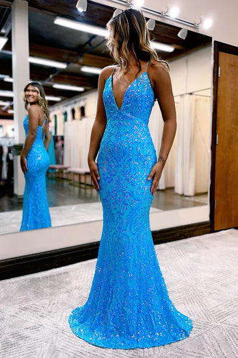 Sparkly Blue Spaghetti Straps Long Prom Dress