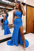 Load image into Gallery viewer, Mermaid One Shoulder Cut Out Blue Long Prom Dress with Beading