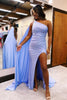 Load image into Gallery viewer, One Shoulder Beaded Lilac Prom Dress with Slit