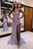 Load image into Gallery viewer, Sparkly Halter Light Purple Prom Dress with Fringes