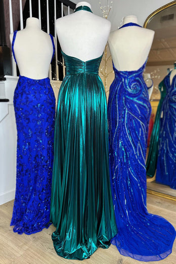 Glitter Turquoise Halter Cut Out Backless Metallic Long Prom Dress with Slit