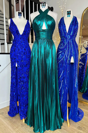 Glitter Turquoise Halter Cut Out Backless Metallic Long Prom Dress with Slit