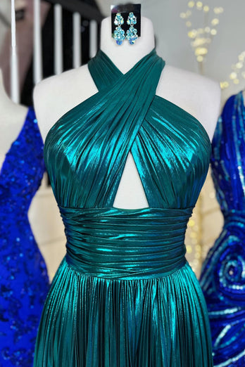 Glitter Turquoise Halter Cut Out Backless Metallic Long Prom Dress with Slit