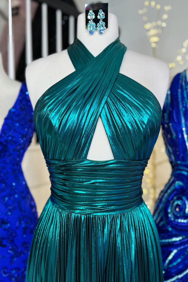 Load image into Gallery viewer, Glitter Turquoise Halter Cut Out Backless Metallic Long Prom Dress with Slit