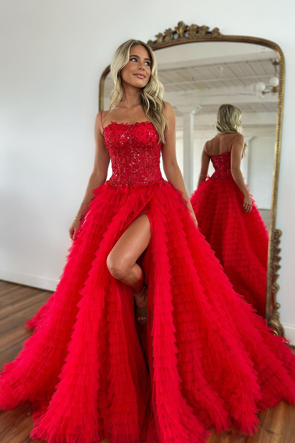 Sparkly Red Corset Long Ruffled Prom Dress with Slit