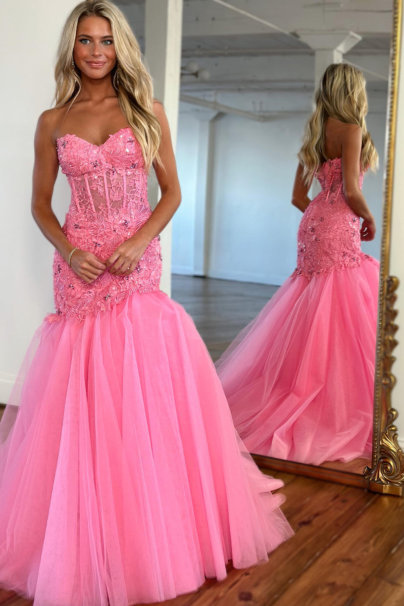 Load image into Gallery viewer, Glitter Pink Corset Sweetheart Tulle Mermaid Long Prom Dress