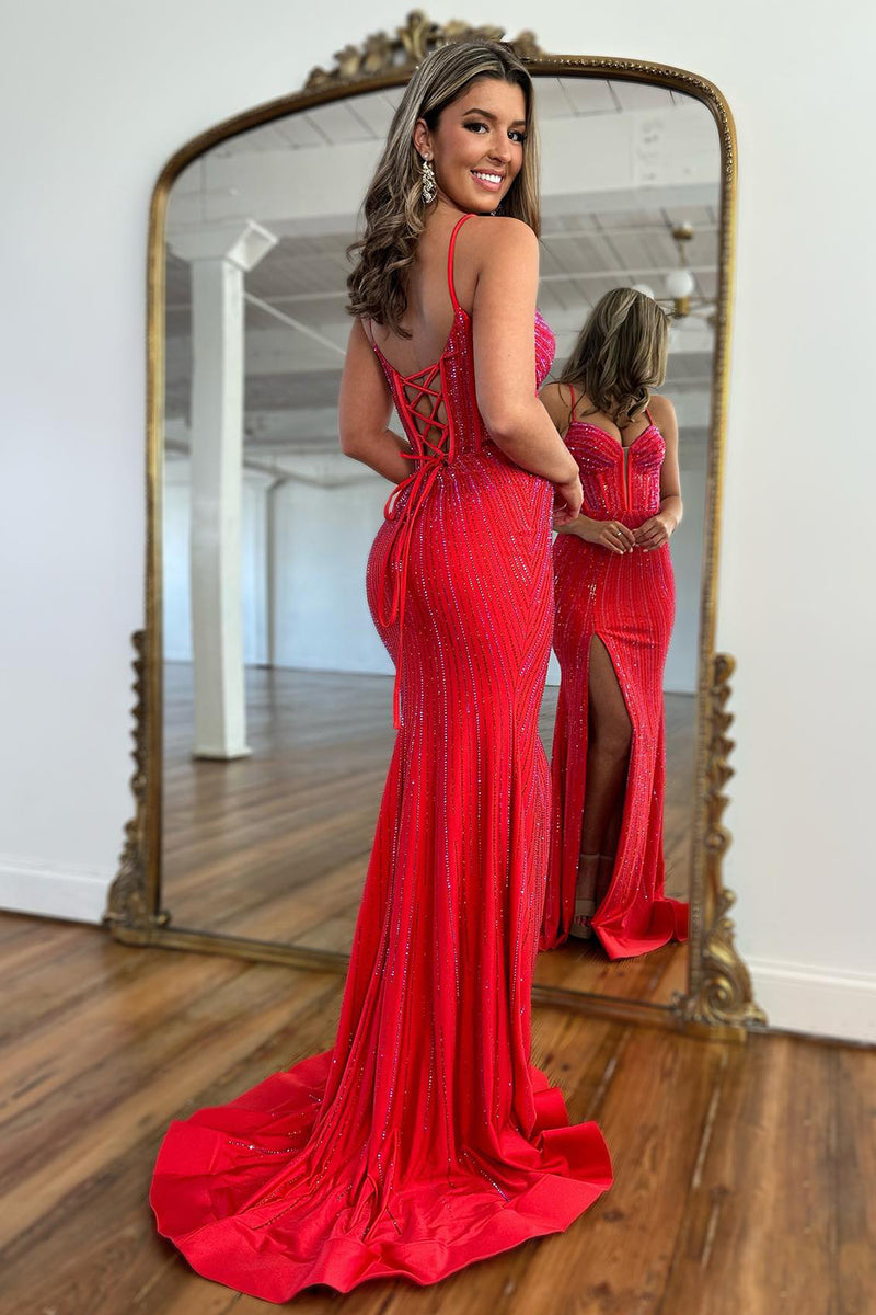 Load image into Gallery viewer, Sparkly Red Beaded Corset Long Prom Dress with Slit