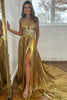 Load image into Gallery viewer, Glitter Golden A-Line Beaded Metallic Long Prom Dress with Slit