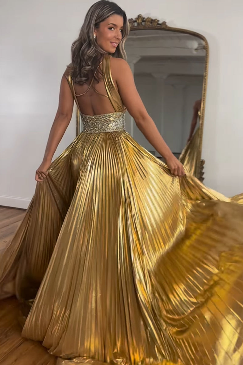 Load image into Gallery viewer, Glitter Golden A-Line Beaded Metallic Long Prom Dress with Slit