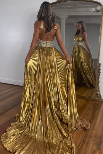 Glitter Golden A-Line Beaded Metallic Long Prom Dress with Slit