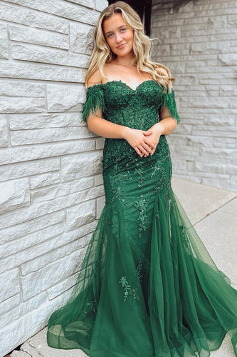 Dark Green Off The Shoulder Mermaid Prom Dress with Appliques