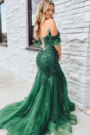 Dark Green Off The Shoulder Mermaid Prom Dress with Appliques