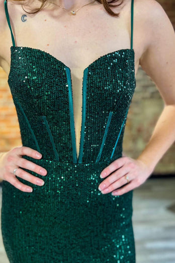 Sparkly Dark Green Corset Prom Dress with Slit