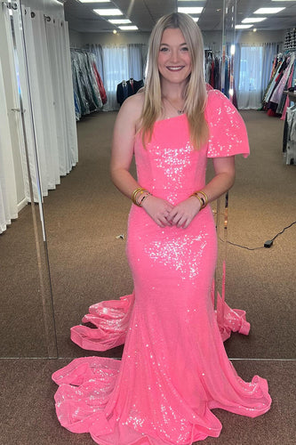 One Shoulder Mermaid Hot Pink Prom Dress with Sequins