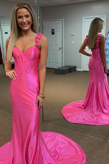 Satin Fuchsia Mermaid Long Prom Dress with Ruffles