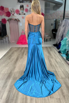 Strapless Blue Corset Prom Dress with Slit